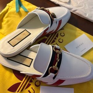 Gucci Women's White and Red Mules with Gold Accents